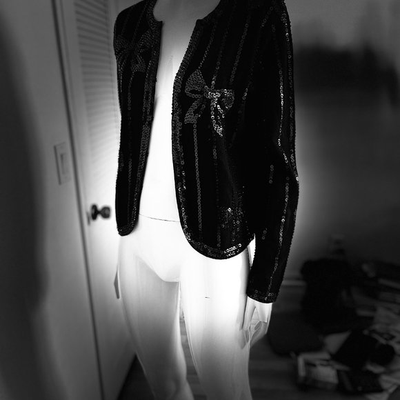 Ladies black jacket with black sequins, with front hooks, sz MED - Picture 9 of 16